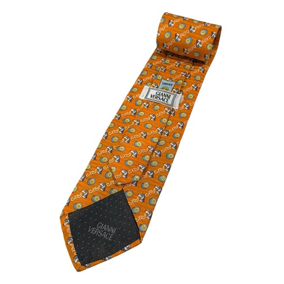 Gianni Versace Mens Tie Floral Dog Medusa Logo Orange Silk 3.5